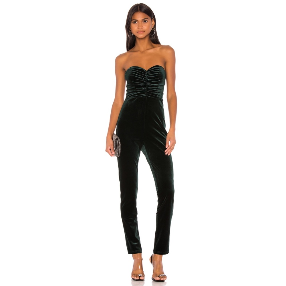 Superdown Angelina green velvet ruched jumpsuit
